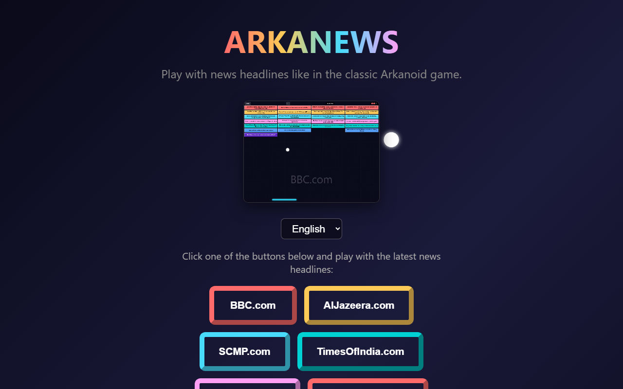 The Arkanews start screen, with the language selector and buttons to choose a news source such as BBC, Al Jazeera or SCMP.