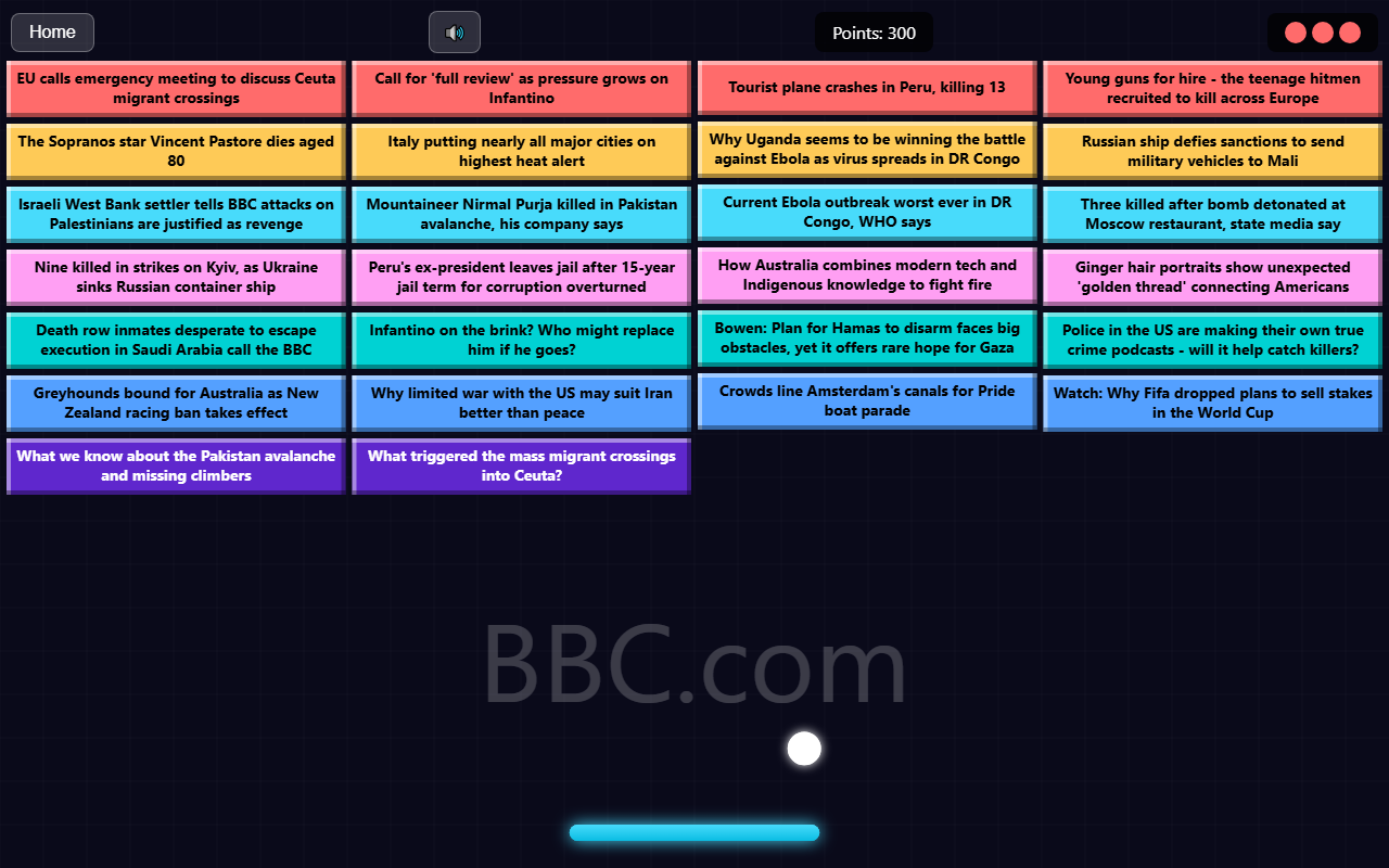 An Arkanews game in progress: BBC headlines rendered as coloured bricks, with the ball and the cyan paddle below.